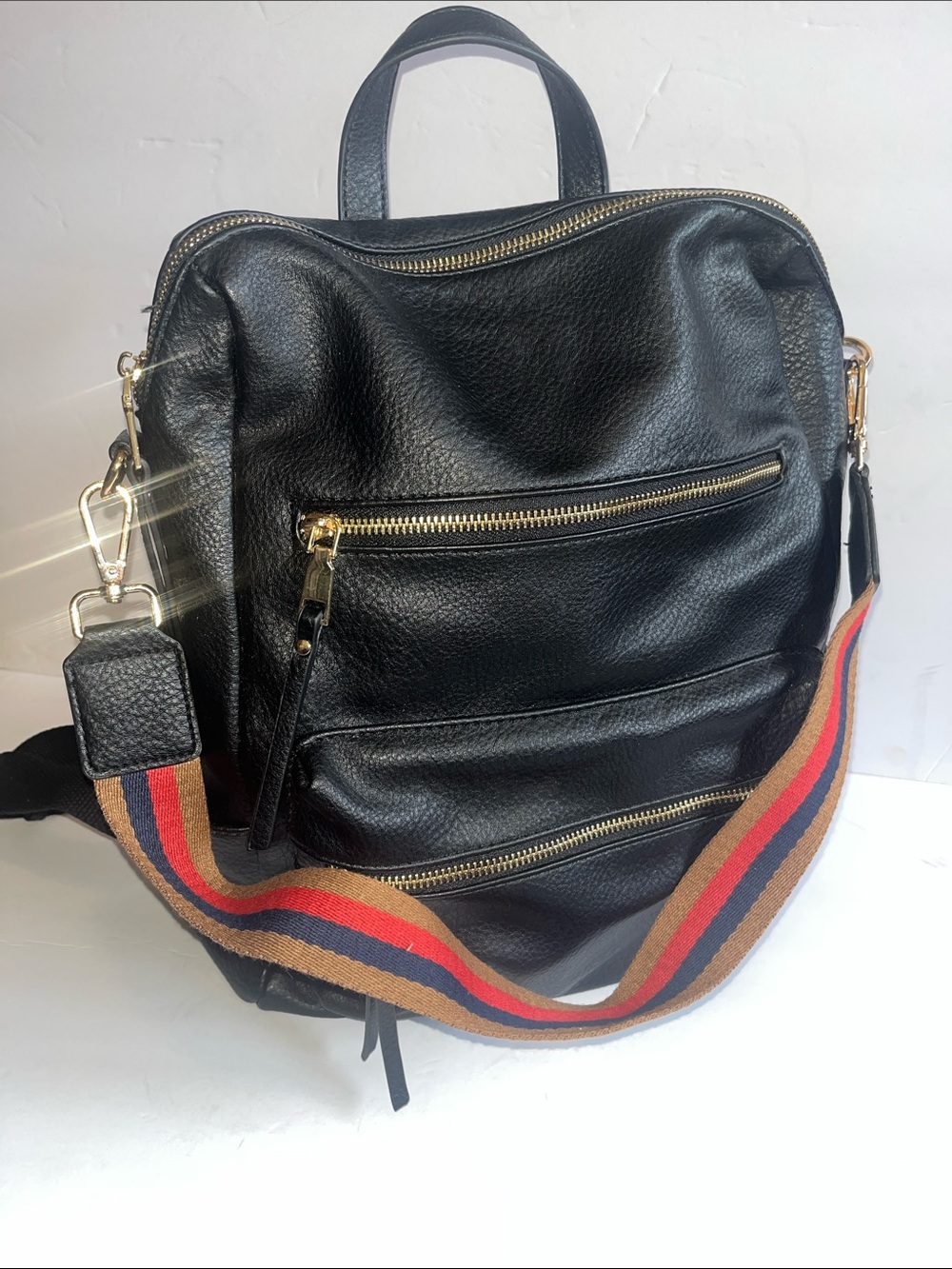 MMS Design Studio Black Backpack purse with Gold Hardware & stripe fashion strap